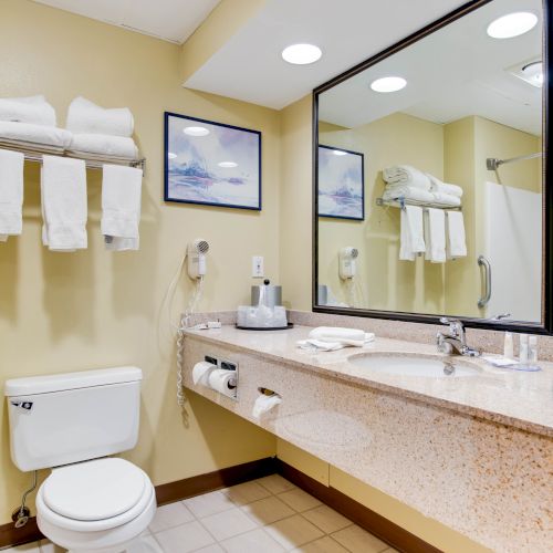 A bathroom with a toilet, sink, large mirror, towels on a rack, and framed pictures on the wall under bright lighting.