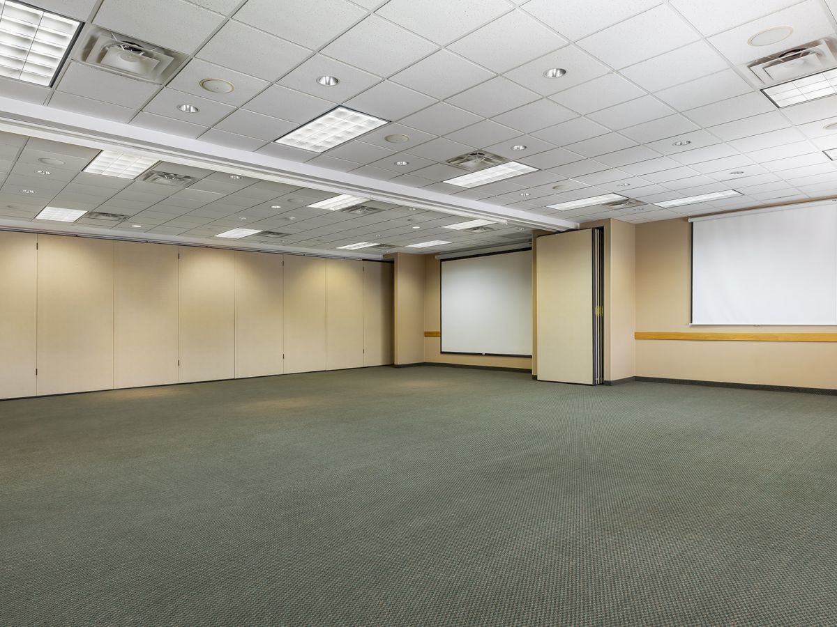 An empty, well-lit conference room with neutral walls, a carpeted floor, ceiling grid, and a couple of projector screens along one wall.
