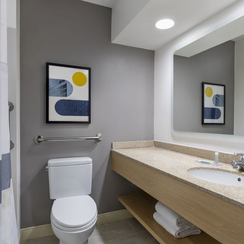 A modern bathroom with a toilet, a long beige countertop, sink, and large mirror; wall art with abstract shapes, towel shelf, and shower curtain on the left.