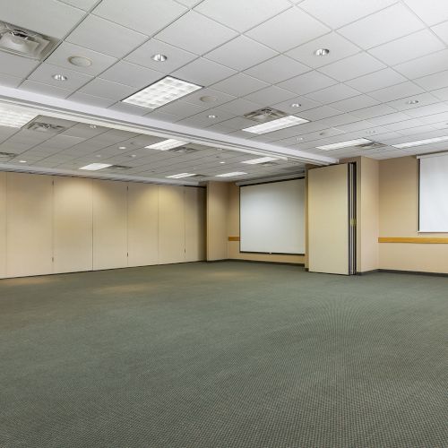 An empty conference room with beige walls, a gray carpet, ceiling lights, a projector screen, and a few partitions along the back wall.